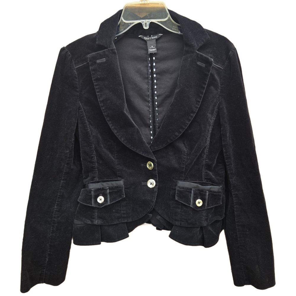 White House Black Market Black Corduroy Ruffle Hem Blazer Jacket Size 6